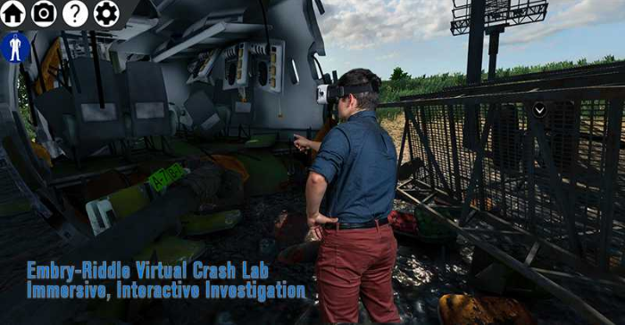 Screen shot of a virtual lab with an interactive investigation of a plane crash. A character stands in front of a crashed plane.
