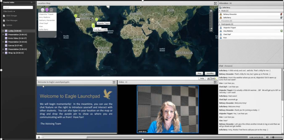 A screen shot of a virtual student "launchpad," showing a video conference with an advisor and a chat with other students.
