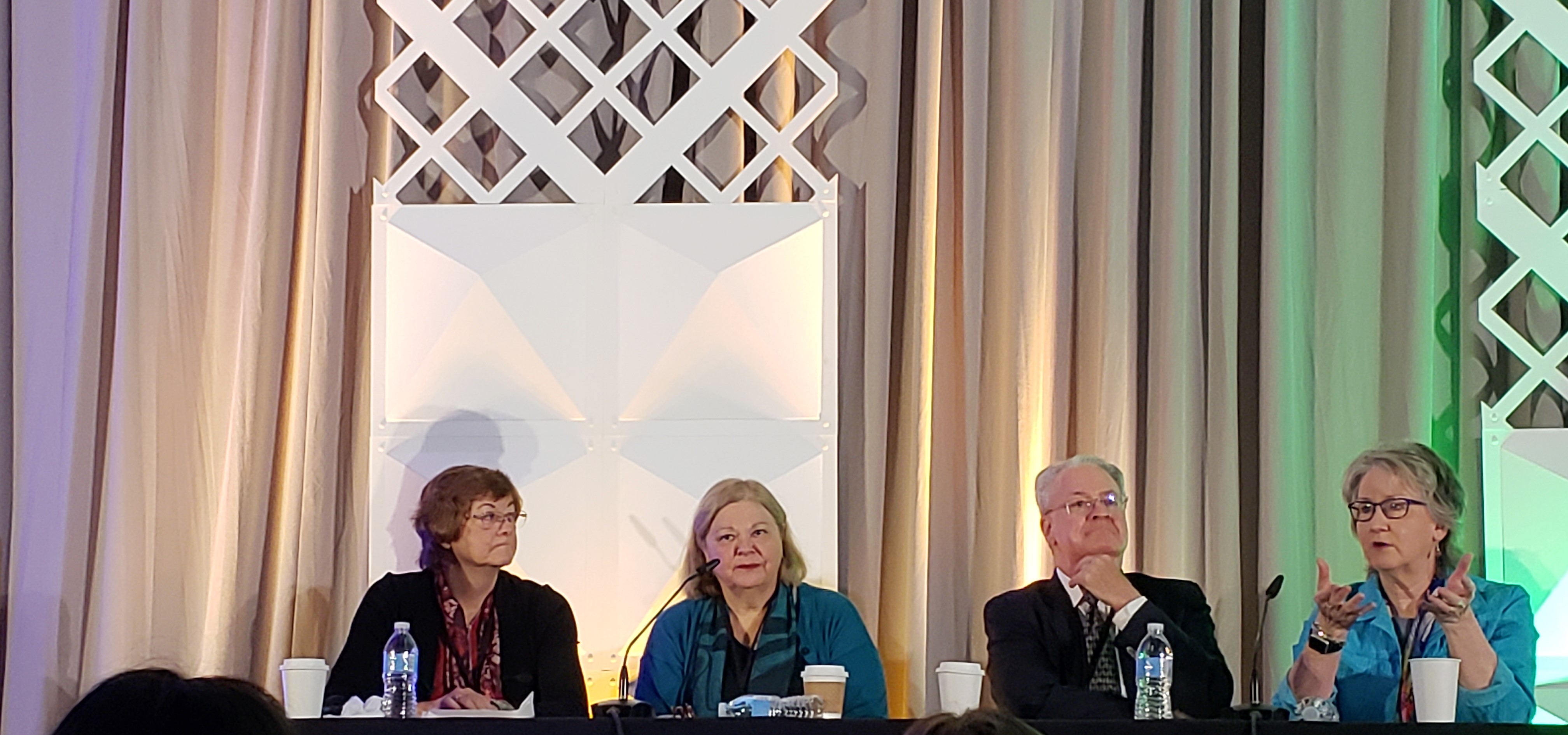 Panel of speakers at annual meeting. 30 Years Back, 30 Years Forward panel with Linda Baer, Ellen Wagner, Donald Norris, and Sally Johnstone
