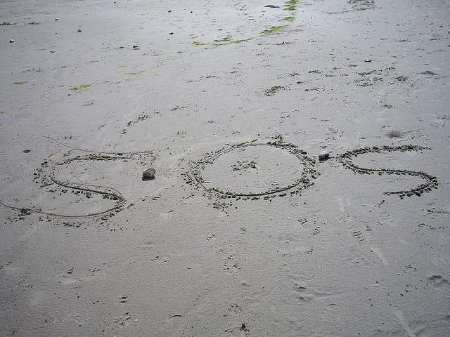 Photo of a beach with the letters SOS spelled out in the sand.