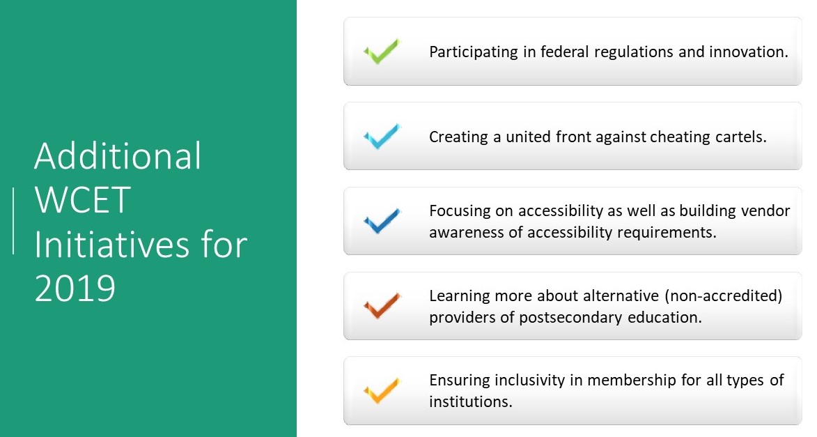 graphic listing the WCET 2019 initatives Participating in federal regulations and innovation. Creating a united front against cheating cartels. Focusing on accessibility as well as building vendor awareness of accessibility requirements. Learning more about alternative (non-accredited) providers of postsecondary education. Ensuring inclusivity in membership for all types of institutions.