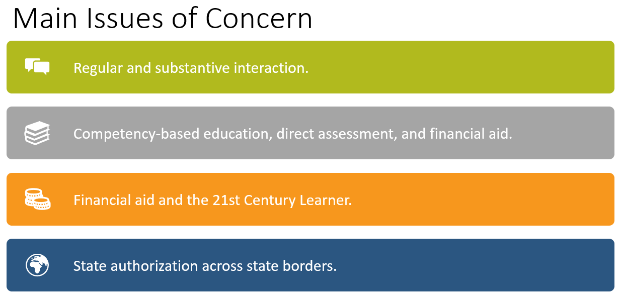 Main issues of concern in a list: Regular and substantive interaction. Competency-based education, direct assessment, and financial aid. Financial aid and the 21st Century Learner. State authorization across state borders.