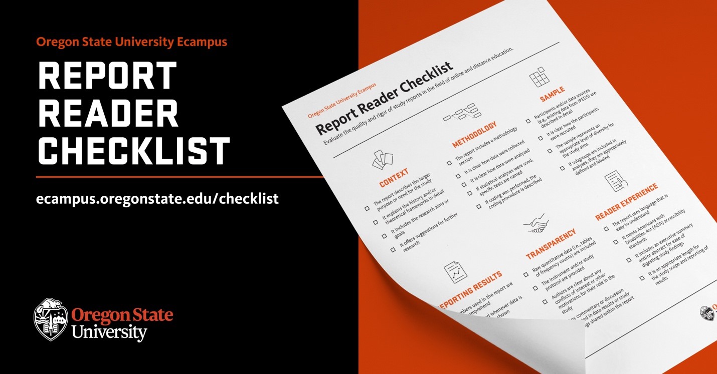 Marketing image showcasing the Report Reader Checklist from Oregon State University Ecampus. Includes hyperlink ecampus.oregonstate.edu/checklist.