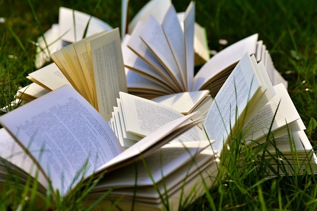 Picture of several open books surrounded by grass.