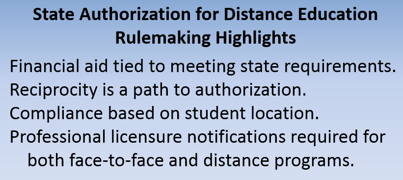 Blue image that reads, "State Authorization for Distance Education Rulemaking Highlights."