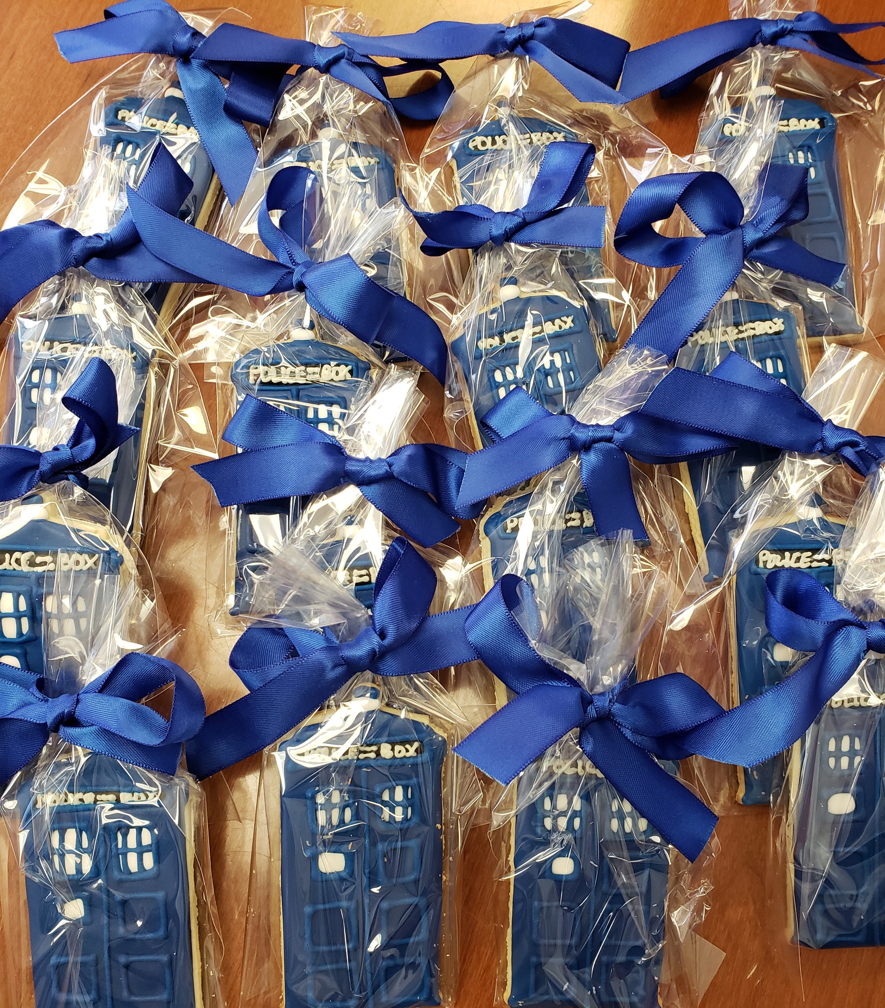 Cookies shaped like the Dr. Who Tardis (blue phone booth)
