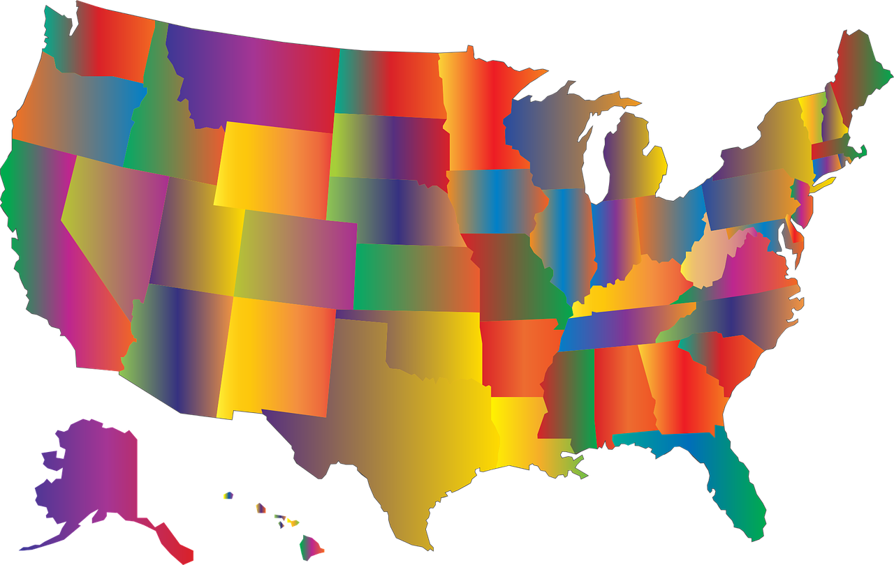 A map of the U.S. in prismatic colors