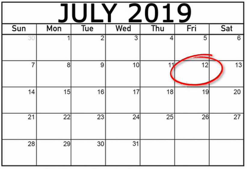 A July 2019 calendar with July 12 circled in red