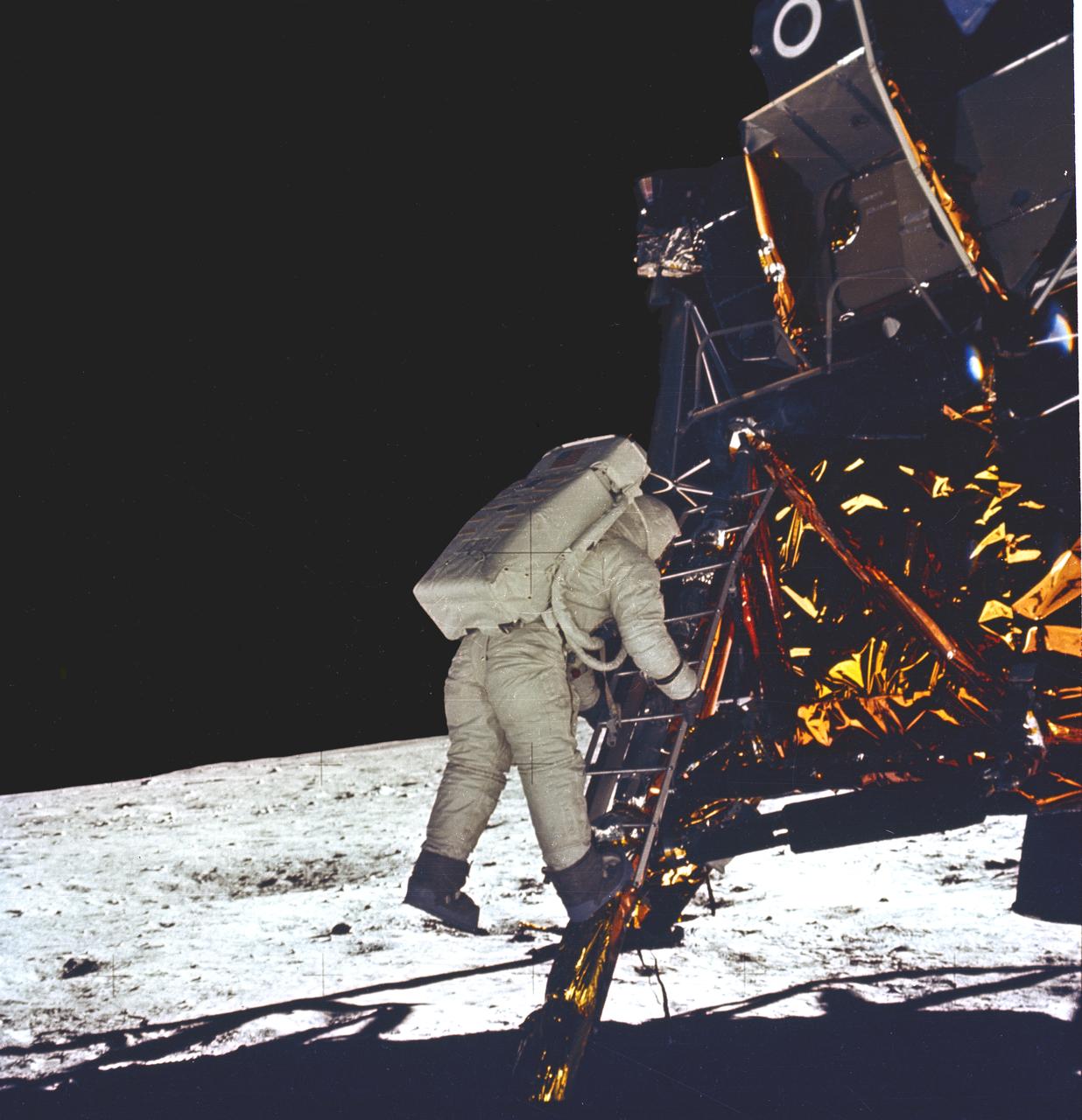 Astronaut astronaut Buzz Aldrin takes his first step onto the surface of the Moon.