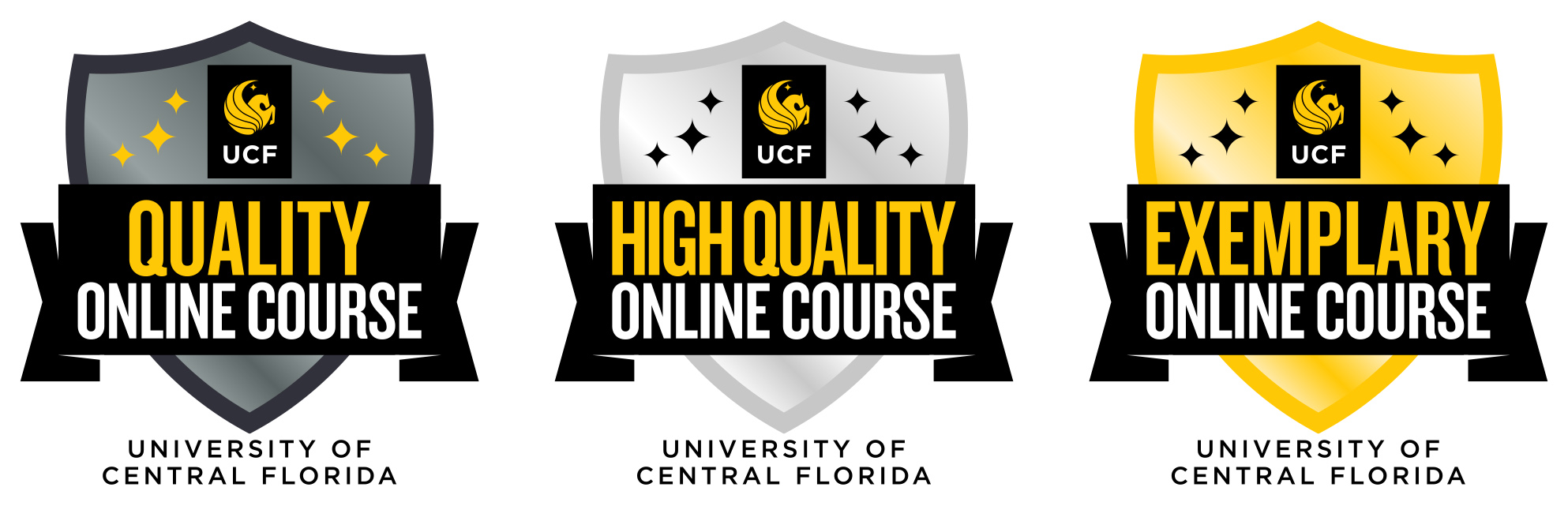 Examples of the digtail badges. Triangle icons with UCF logo, text that says 
