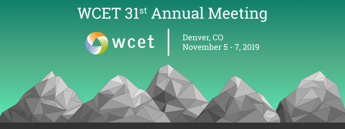 WCET 31st Annual Meeting image. Read's Denver CO November 5-7 on a teal background with geometric mountains