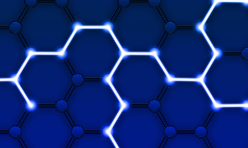 a visual representation of blockchain, connected and lit blue lines