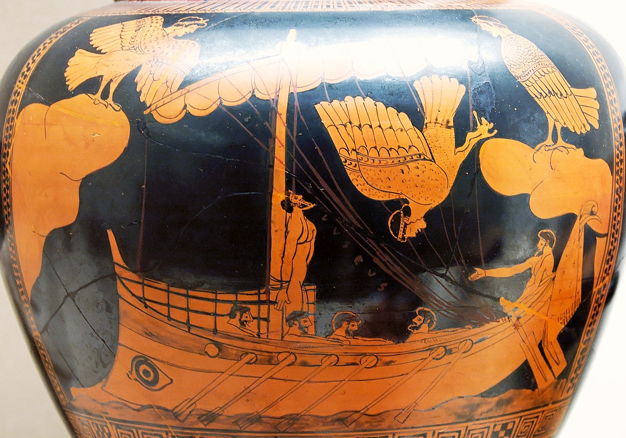 Odysseus and the Sirens on a stamped black and red vase.