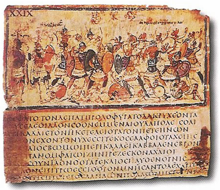 Illiad text written and illustrated on an ancient scroll