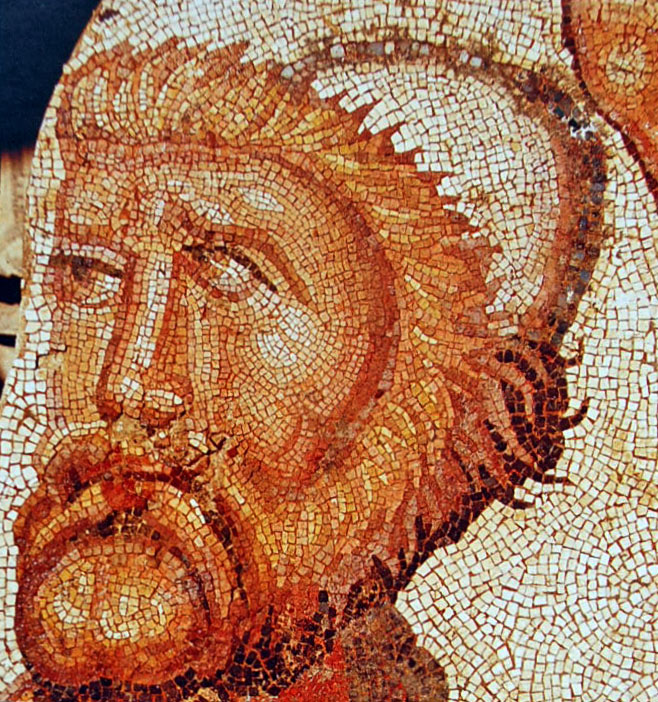 Ancient mosaic of the Roman villa of La Olmeda in Pedrosa de la Vega (Palencia, Castile and León, Spain), depicting Odysseus (Ulises), late 4th-5th centuries AD. This is a close-up detail of a larger scene from the Iliad depicting Odysseus discovering Achilles as he is cross-dressed and fawned over by a group of adoring princesses at Skyros.