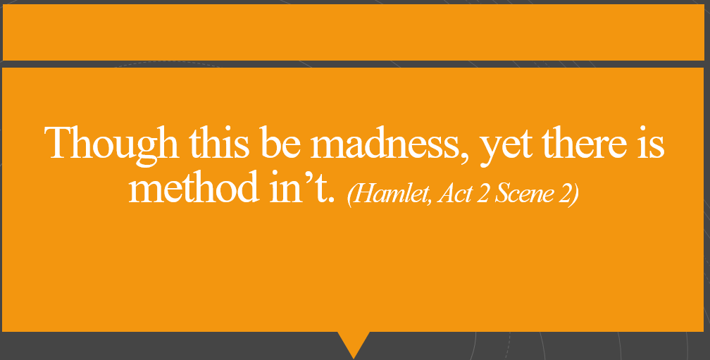 quote box that reads Though this be madness, yet there is method in’t. (Hamlet, Act 2 Scene 2)