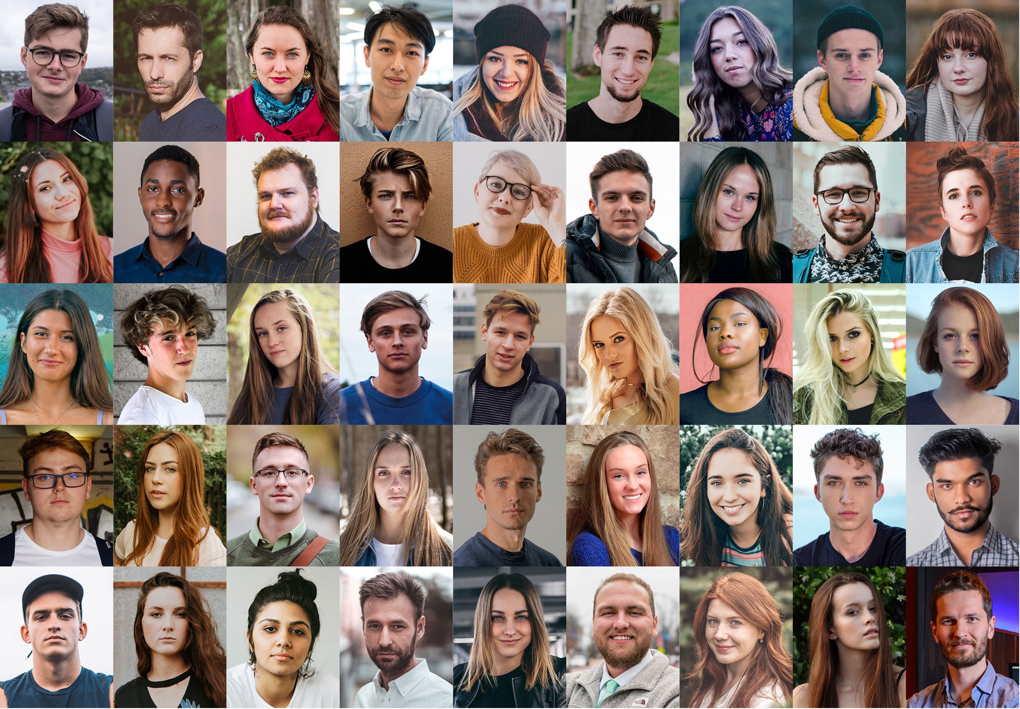 A collage of images of 45 students facing the camera. The majority of the students are white, with minimal diversity.