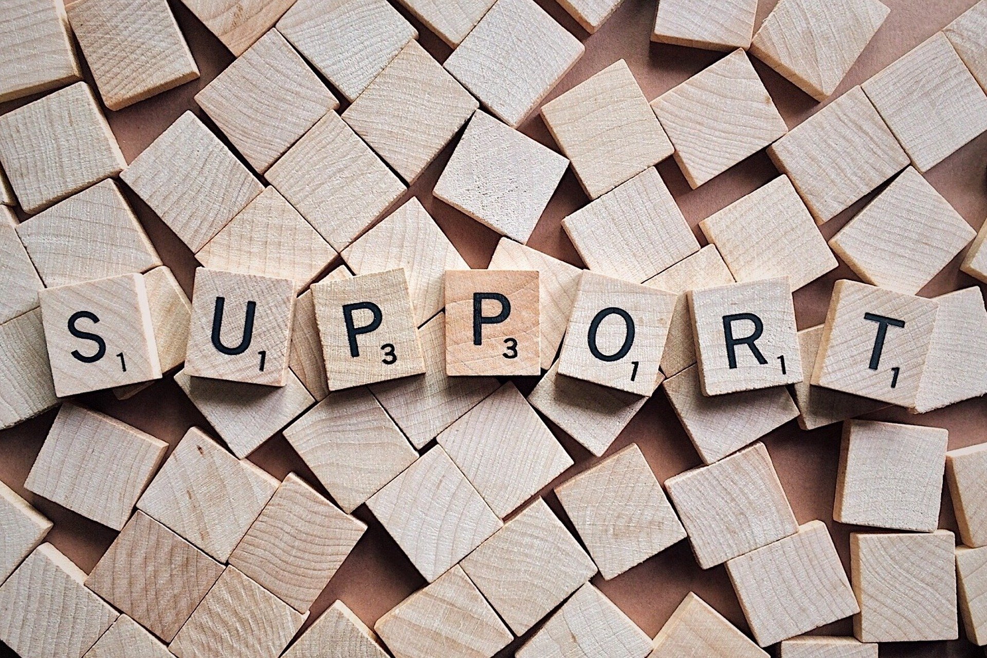 scrabble tiles (wooden blocks) used to spell the word "support"