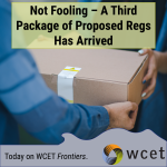 person holds a brown package with title of the blog and the wcet frontiers logo.