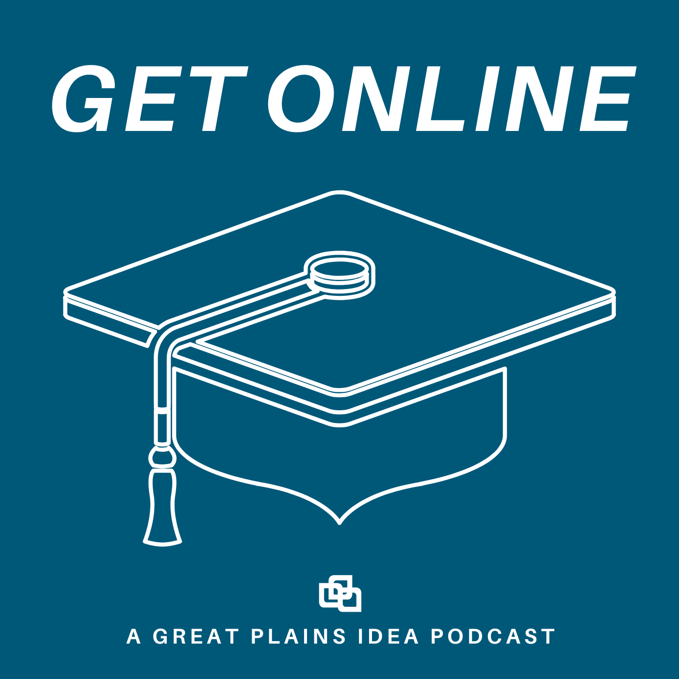 Get online logo with a graduation cap on a blue background.