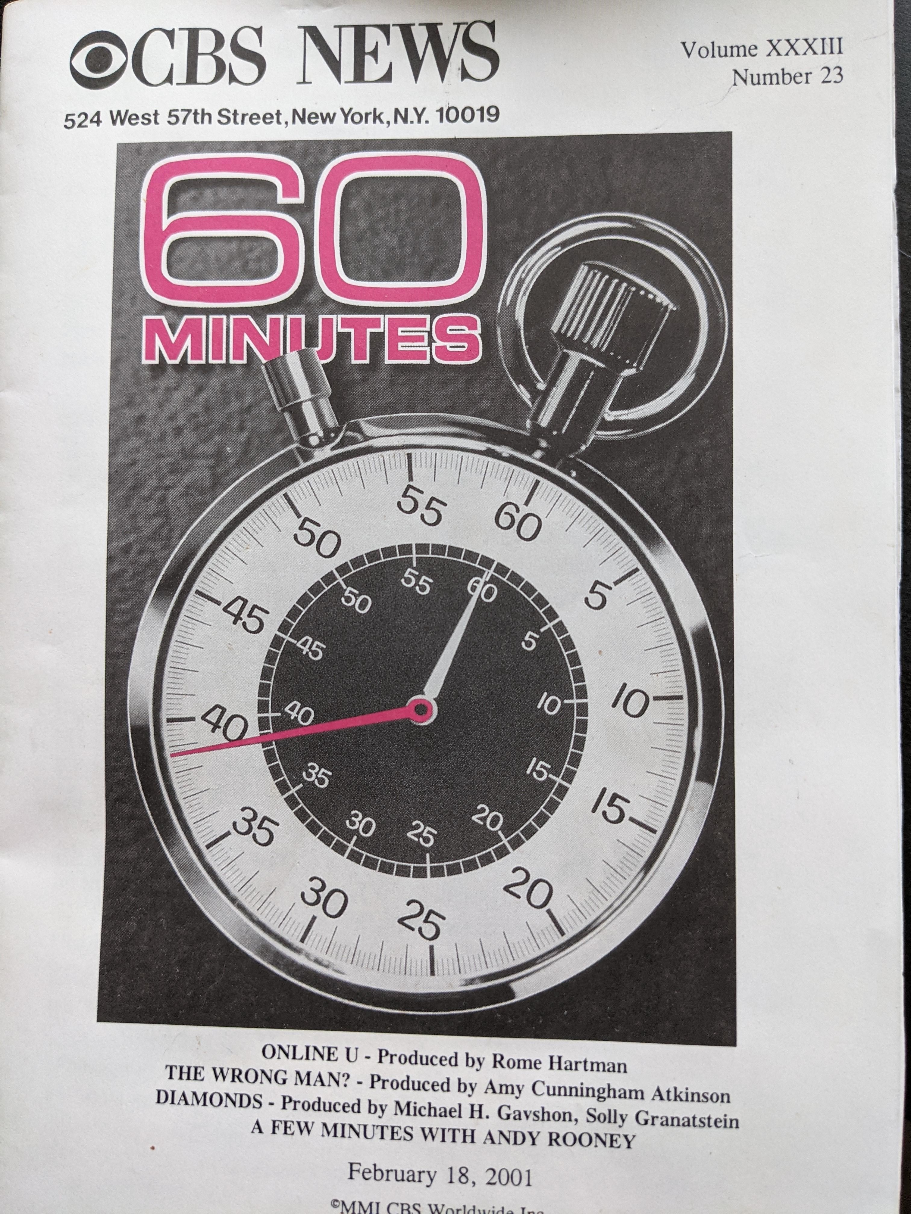 Cover of the transcript. shows the 60 minutes logo and the name of the segment (Online U)