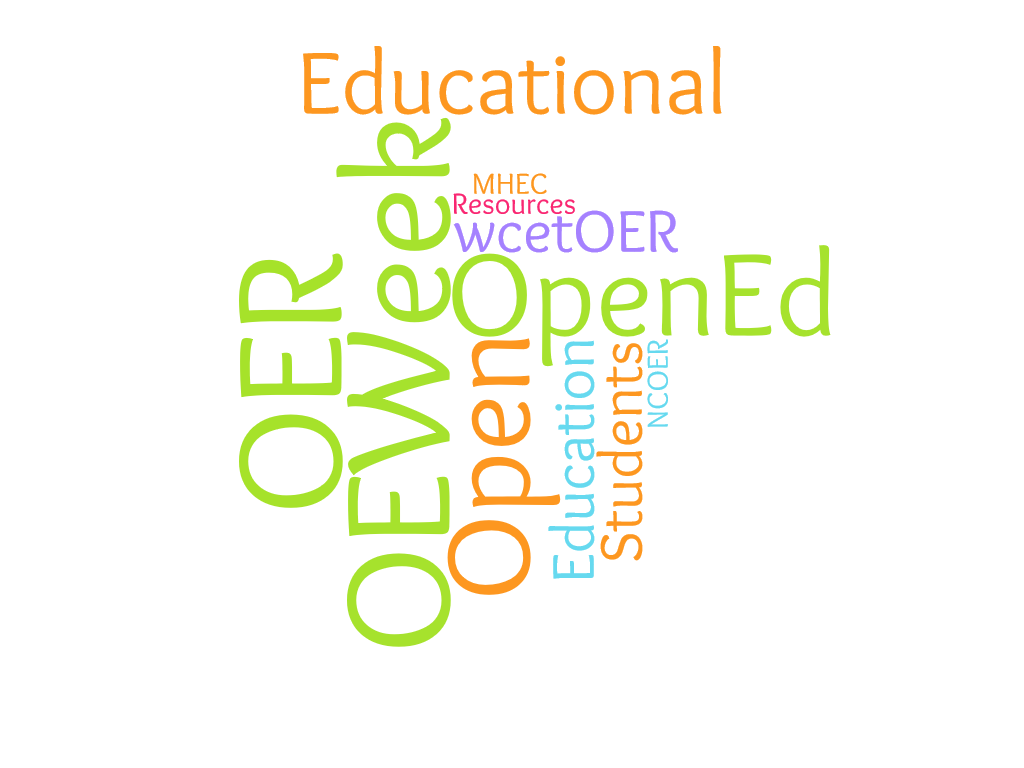 word cloud with different OER related words - educational, OER, OEWeek, Open, OpenEd, wcetOER, resources, MHEC, Education, Students, NCOER