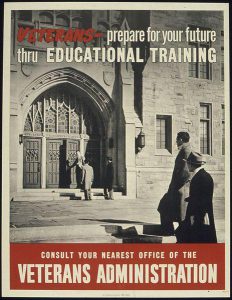 a poster telling veterans to attend education training by working with the office of the veterans administration.