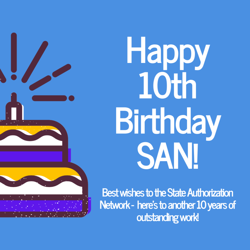 a card reading "happy 10th birthday san! best wishes to san network - here's to another 10 years of outstanding work!" with a graphic of a birthday cake.