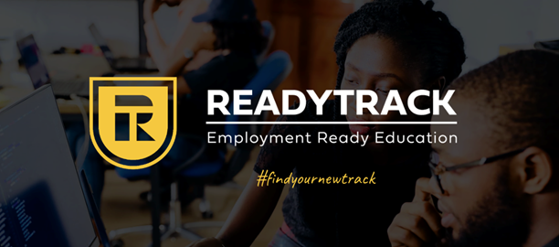Readytrack yellow logo over a photo of two people working on a computer
