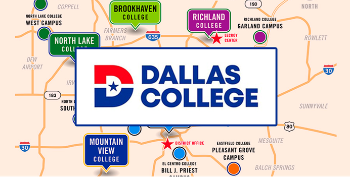 Dallas College logo over a map of the college area in Texas