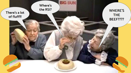 Three elderly individuals looking at a burger. One is holding a bun and has the text "There's a lot of fluff!" above her head. The middle lady is looking at the burger saying "Where's the RSI?" and the third says "WHERE THE BEEF????"