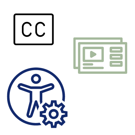 Icons for CC captions, a screen with an arrow indicating press to play video, and an accessibility tools icon.