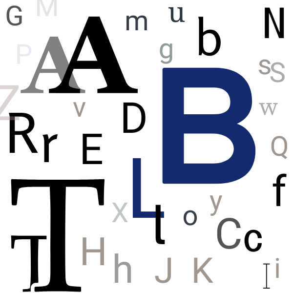 all letters from the alphabet in different shades of blue and grey and different typefaces and font size. 