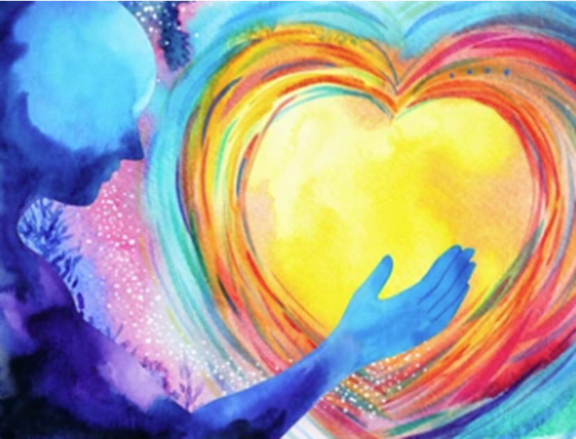Painting of an individual gesturing toward a colorful heart.
