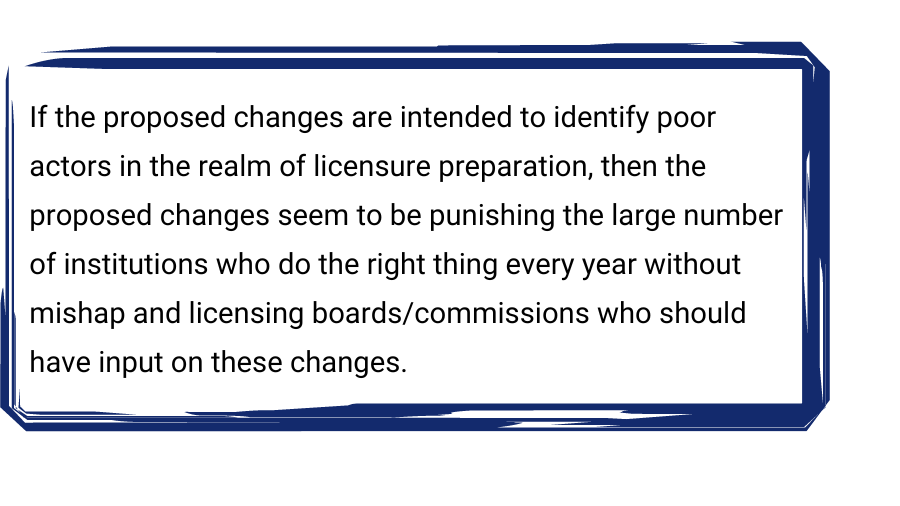 text box: If the proposed changes are intended to identify poor actors in the realm of licensure preparation, then the proposed changes seem to be punishing the large number of institutions who do the right thing every year without mishap and licensing boards/commissions who should have input on these changes.