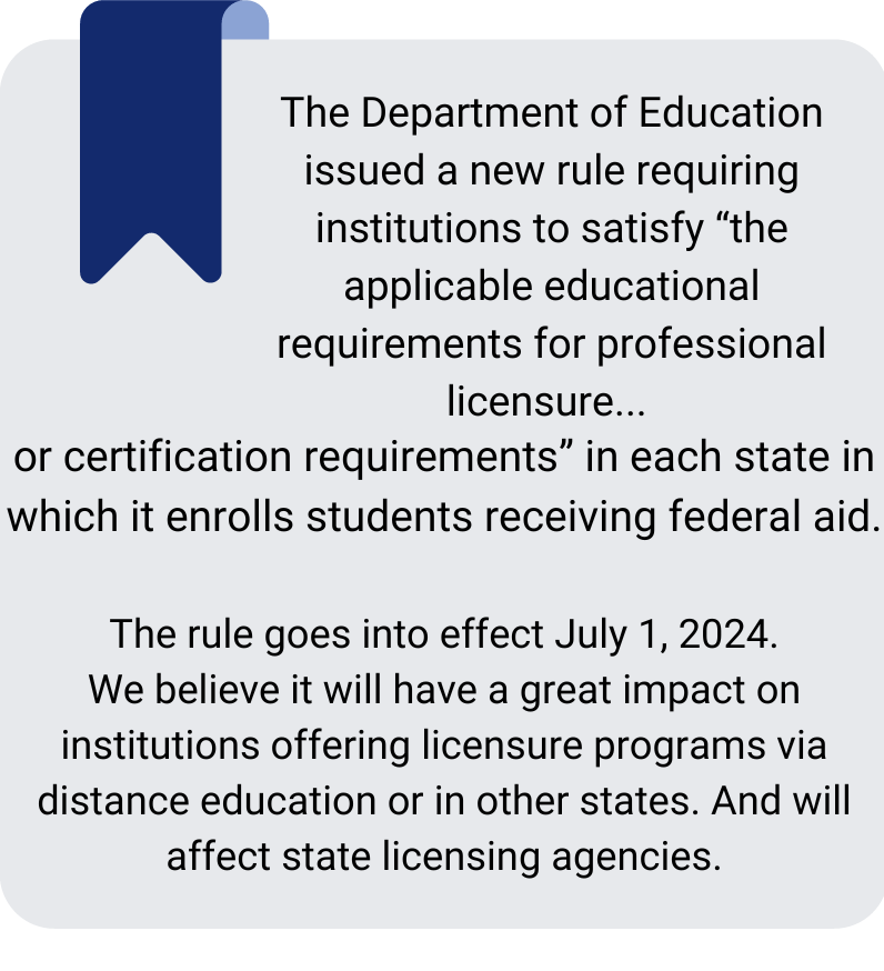The Department of Education issued a new rule requiring institutions to satisfy “the applicable educational requirements for professional licensure... or certification requirements” in each state in which it enrolls students receiving federal aid.

The rule goes into effect July 1, 2024.
We believe it will have a great impact on institutions offering licensure programs via distance education or in other states. And will affect state licensing agencies.