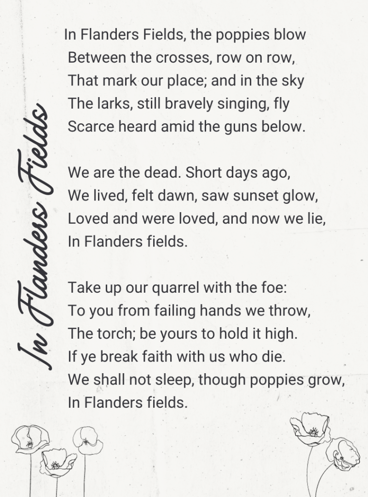 Poem with poppy flowers hand drawn around words.

 In Flanders Fields
In Flanders Fields, the poppies blow
Between the crosses, row on row,
That mark our place; and in the sky
The larks, still bravely singing, fly
Scarce heard amid the guns below.

We are the dead. Short days ago
We lived, felt dawn, saw sunset glow,
Loved and were loved, and now we lie,
In Flanders fields.

Take up our quarrel with the foe:
To you from failing hands we throw
The torch; be yours to hold it high.
If ye break faith with us who die
We shall not sleep, though poppies grow
In Flanders fields.