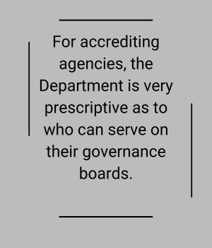 For accrediting agencies, the Department is very prescriptive as to who can serve on their governance boards.
