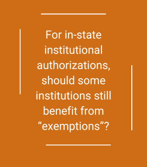 textbox: For in-state institutional authorizations, should some institutions still benefit from “exemptions”?