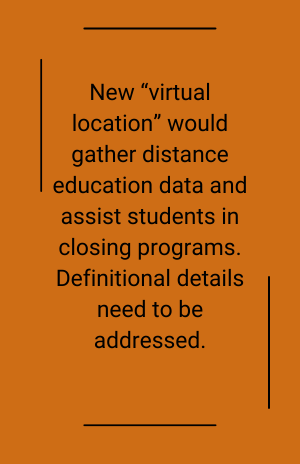 textbox: New “virtual location” would gather distance education data and assist students in closing programs. Definitional details need to be addressed.