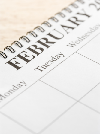 A calendar page open to the month of february