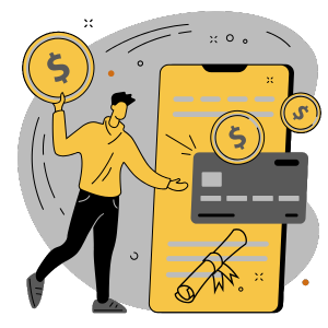 Graphical illustration of a person holding a coin and referring to a credit card.