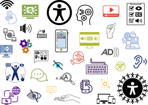 Image with several different accessibility icons like CC icons, icon for hearing assistance, internet icons, settings gear, sign language illustrations Audio Description icon, etc