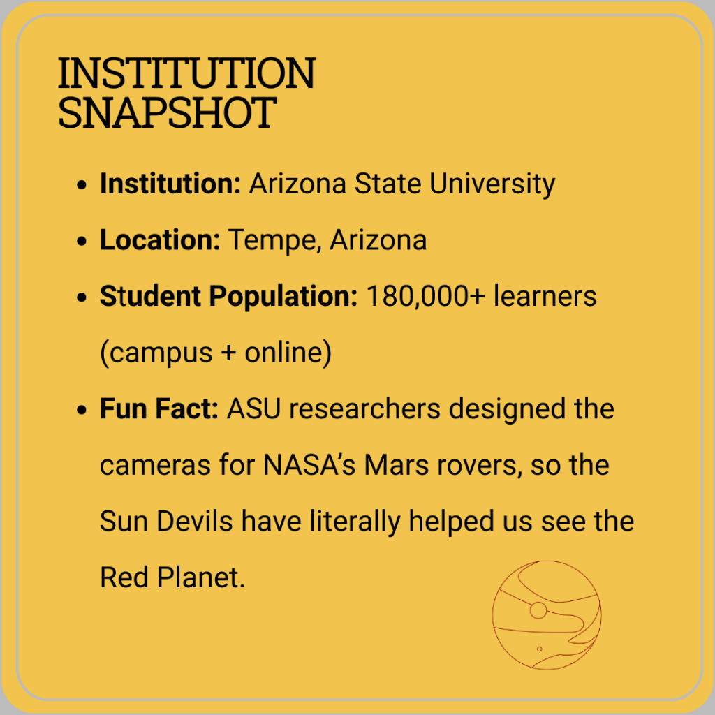 Institution Snapshot
Institution: Arizona State University
Location: Tempe, Arizona
Student Population: 180,000+ learners (campus + online)
Fun Fact: ASU researchers designed the cameras for NASA’s Mars rovers, so the Sun Devils have literally helped us see the Red Planet.