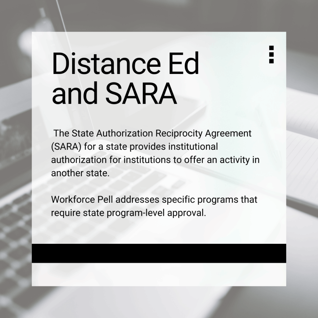 Emphasis box: Distance Ed and SARA
 The State Authorization Reciprocity Agreement (SARA) for a state provides institutional authorization for institutions to offer an activity in another state. 

Workforce Pell addresses specific programs that require state program-level approval.