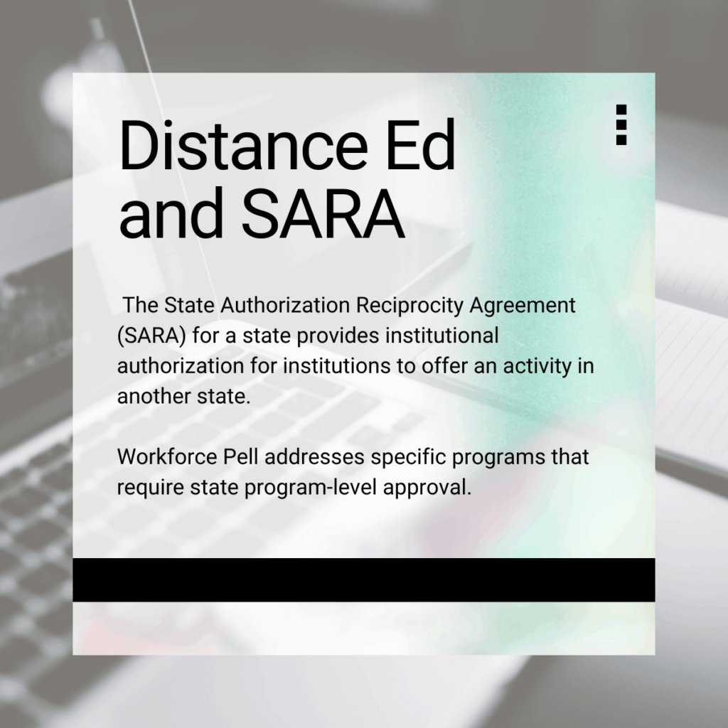 Emphasis box: Distance Ed and SARA The State Authorization Reciprocity Agreement (SARA) for a state provides institutional authorization for institutions to offer an activity in another state. Workforce Pell addresses specific programs that require state program-level approval.