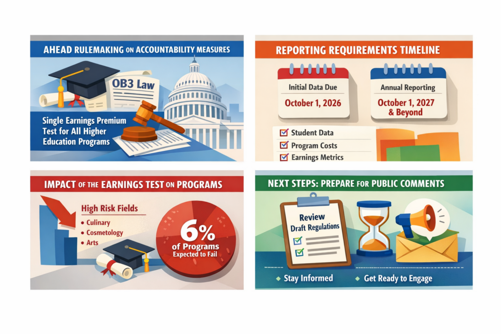 Four-panel infographic explaining AHEAD accountability rulemaking, showing a single earnings test for all programs, reporting deadlines in 2026 and 2027, projected program impacts, and next steps for public comment.