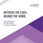 title page to the report "Between the Lines, Behind the Work: Survey Findings on the True Scope of Licensure Compliance". Published by the State Authorization Network (SAN)."