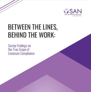 title page to the report "Between the Lines, Behind the Work: Survey Findings on the True Scope of Licensure Compliance". Published by the State Authorization Network (SAN)."