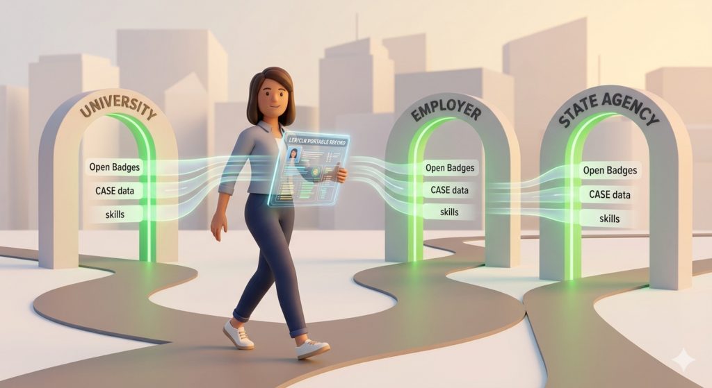 A visualization of a learner navigating multiple pathways. A single, glowing 'Digital Learning & Employment Record' (LER) is shown being accepted seamlessly at three different locations: an 'Employer' (for a job), a 'University' (for transfer credit), and a 'State Workforce Agency' (for licensure). The data packets (labeled 'Open Badges,' 'CASE,' 'CLR') fit perfectly into each system’s receptacle without friction.